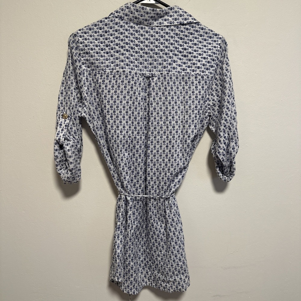 Tory Burch Women's 100% Cotton Blouse Top Tie Belt Size XS Navy Blue & White - Picture 4 of 5